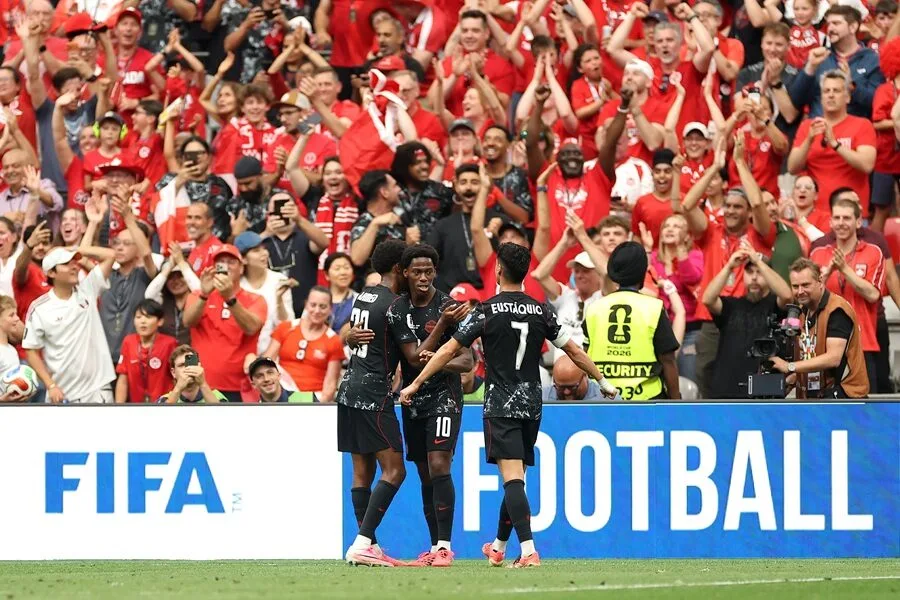 Jonathan David celebra uno de sus goles en la victoria 6-0 de Canadá ante Catar en el Mundial 2026