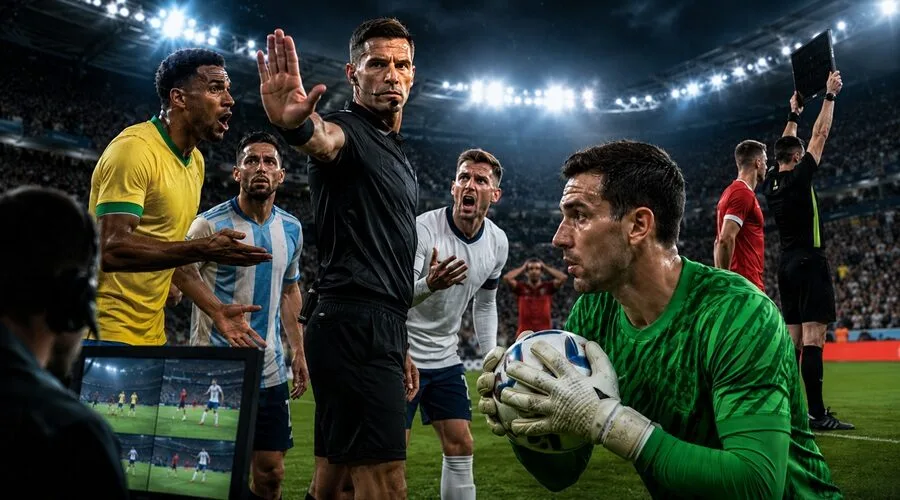 Árbitro, jugadores y balón representando las nuevas reglas del Mundial 2026