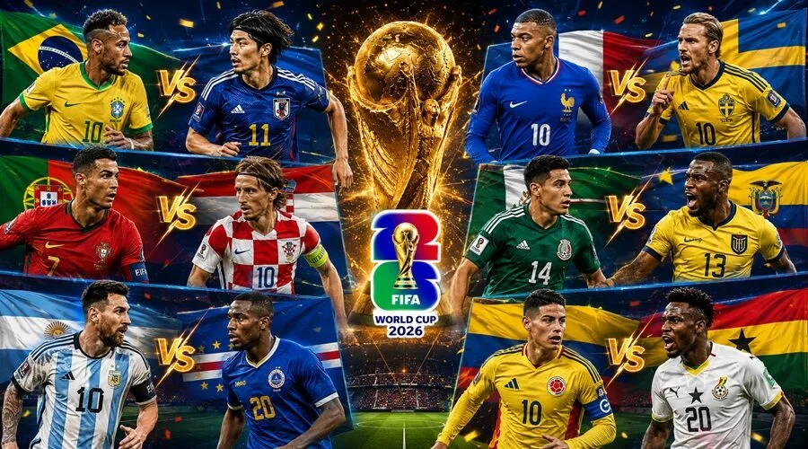 Jugadores de selecciones mundialistas en una portada deportiva sobre los mejores partidos de dieciseisavos del Mundial 2026